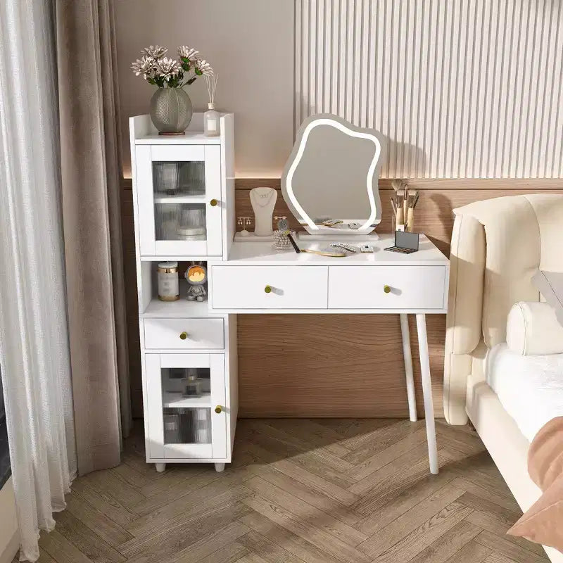 Okak Modern Vanity Desk with Irregular Shape Mirror, Makeup Vanity with 3 Drawers, 2 Open Shelves & 4 Hidden Cabinets, Makeup Desk, White