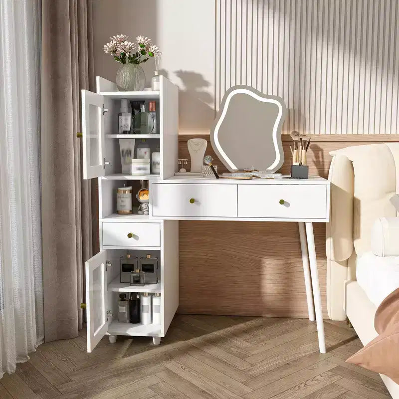 Coiffeuse moderne Okak avec miroir de forme irrégulière, coiffeuse de maquillage avec 3 tiroirs, 2 étagères ouvertes et 4 armoires cachées, bureau de maquillage, blanc