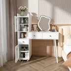 Coiffeuse moderne Okak avec miroir de forme irrégulière, coiffeuse de maquillage avec 3 tiroirs, 2 étagères ouvertes et 4 armoires cachées, bureau de maquillage, blanc