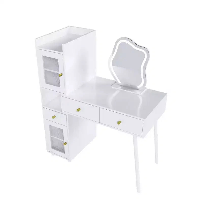 Coiffeuse moderne Okak avec miroir de forme irrégulière, coiffeuse de maquillage avec 3 tiroirs, 2 étagères ouvertes et 4 armoires cachées, bureau de maquillage, blanc