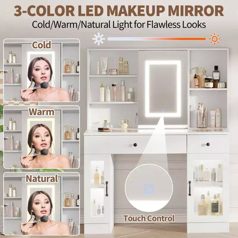 Grande coiffeuse avec miroir coulissant, table de maquillage avec tiroirs de rangement, étagères, armoires, station de beauté en MDF, montage facile