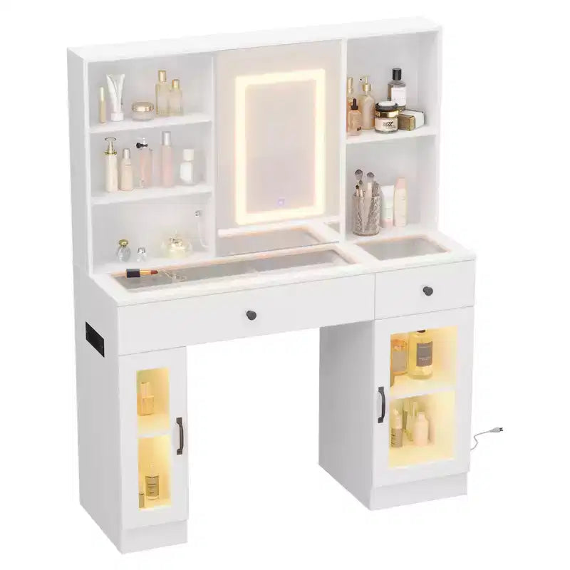 Grande coiffeuse avec miroir coulissant, table de maquillage avec tiroirs de rangement, étagères, armoires, station de beauté en MDF, montage facile