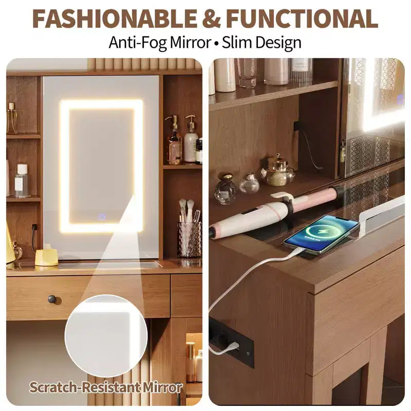 Grande coiffeuse avec miroir coulissant, table de maquillage avec tiroirs de rangement, étagères, armoires, station de beauté en MDF, montage facile