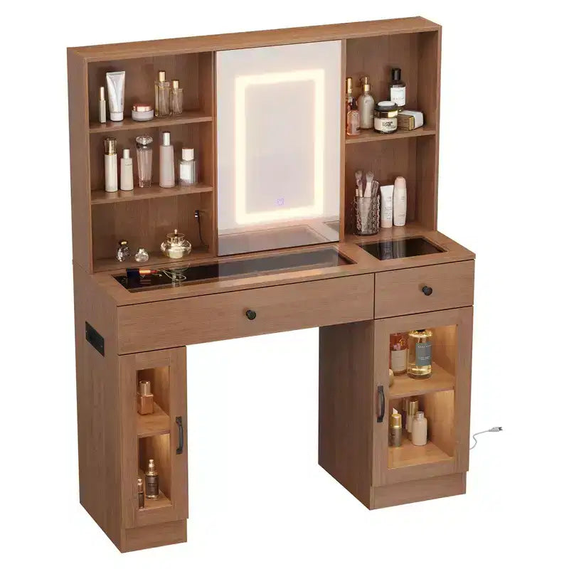 Grande coiffeuse avec miroir coulissant, table de maquillage avec tiroirs de rangement, étagères, armoires, station de beauté en MDF, montage facile