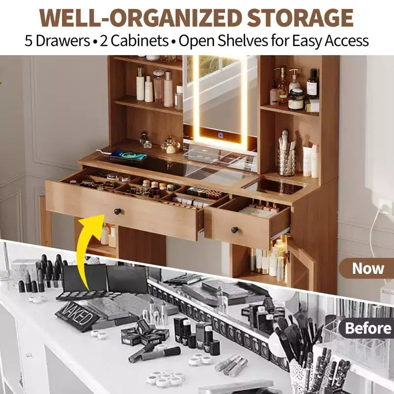Grande coiffeuse avec miroir coulissant, table de maquillage avec tiroirs de rangement, étagères, armoires, station de beauté en MDF, montage facile