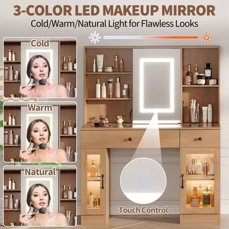 Grande coiffeuse avec miroir coulissant, table de maquillage avec tiroirs de rangement, étagères, armoires, station de beauté en MDF, montage facile