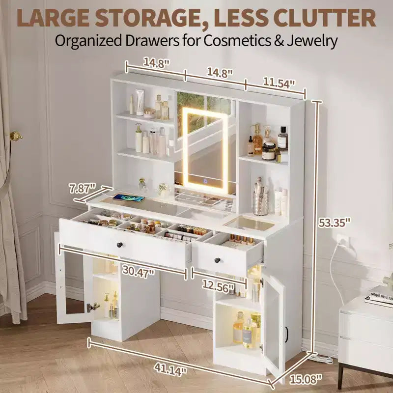 Grande coiffeuse avec miroir coulissant, table de maquillage avec tiroirs de rangement, étagères, armoires, station de beauté en MDF, montage facile