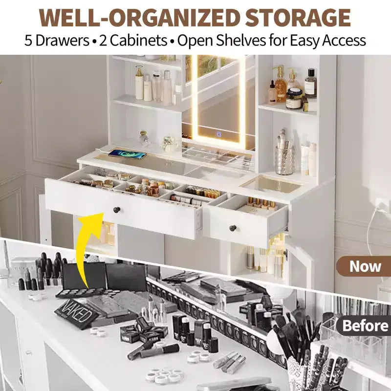 Grande coiffeuse avec miroir coulissant, table de maquillage avec tiroirs de rangement, étagères, armoires, station de beauté en MDF, montage facile