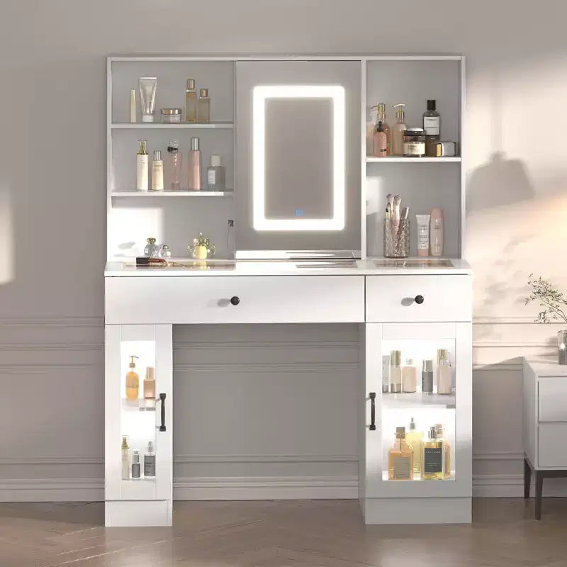 Grande coiffeuse avec miroir coulissant, table de maquillage avec tiroirs de rangement, étagères, armoires, station de beauté en MDF, montage facile