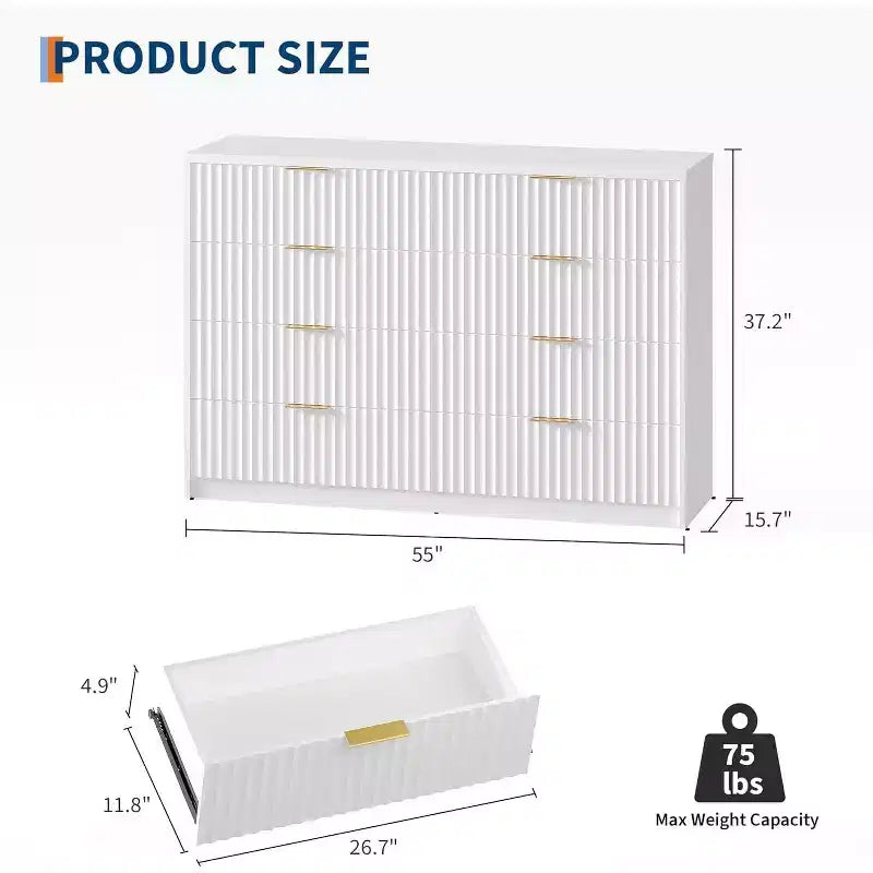 Commode cannelée à 9 tiroirs avec poignées métalliques, organisateur de rangement moderne pour chambre à coucher, salon, entrée, meuble TV multifonctionnel, blanc