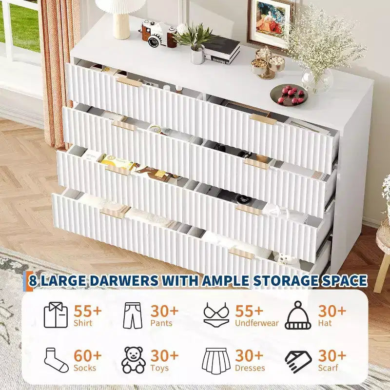 Commode cannelée à 9 tiroirs avec poignées métalliques, organisateur de rangement moderne pour chambre à coucher, salon, entrée, meuble TV multifonctionnel, blanc