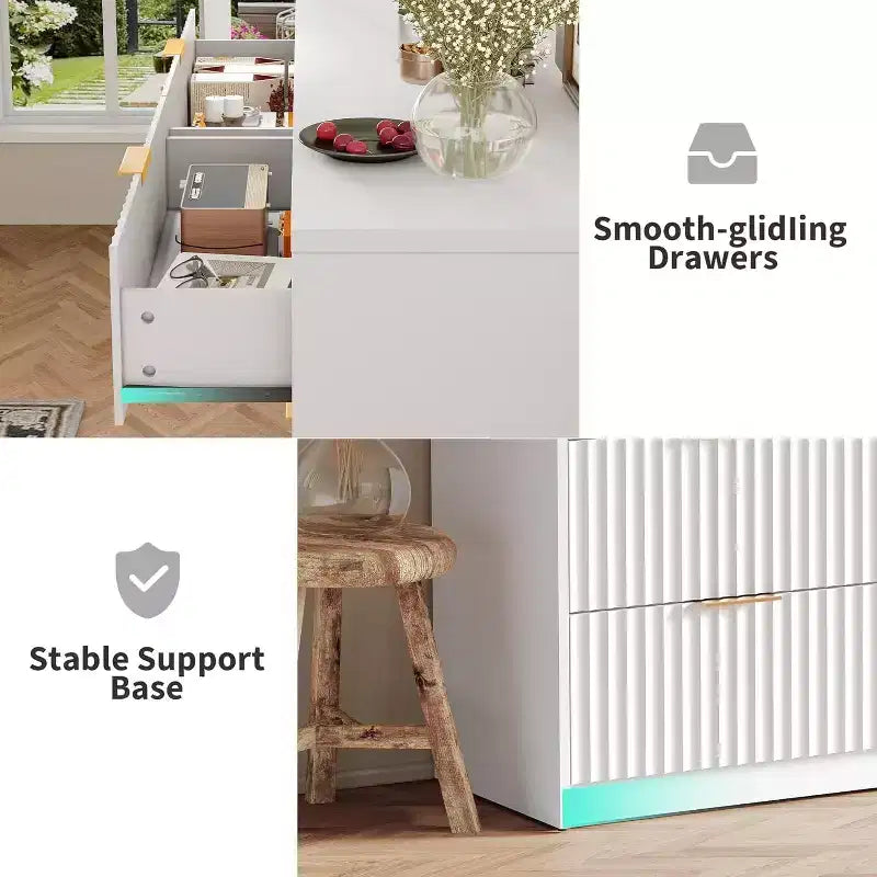 Commode cannelée à 9 tiroirs avec poignées métalliques, organisateur de rangement moderne pour chambre à coucher, salon, entrée, meuble TV multifonctionnel, blanc
