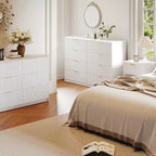 Commode cannelée à 9 tiroirs avec poignées métalliques, organisateur de rangement moderne pour chambre à coucher, salon, entrée, meuble TV multifonctionnel, blanc