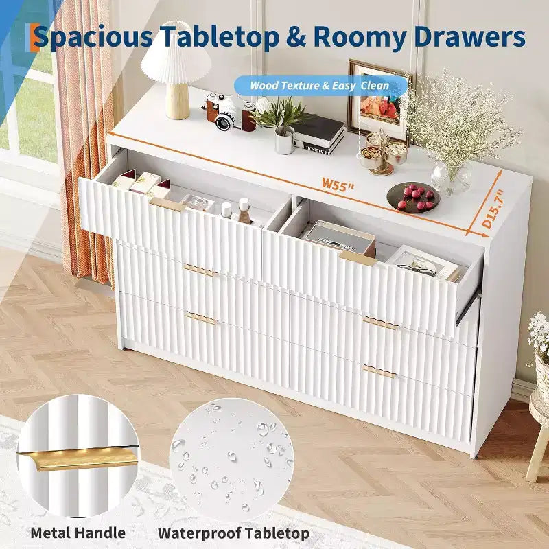 Commode cannelée à 9 tiroirs avec poignées métalliques, organisateur de rangement moderne pour chambre à coucher, salon, entrée, meuble TV multifonctionnel, blanc