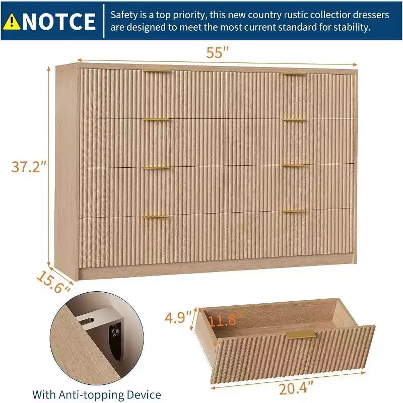 Commode cannelée à 9 tiroirs avec poignées métalliques, organisateur de rangement moderne pour chambre à coucher, salon, entrée, meuble TV multifonctionnel, blanc