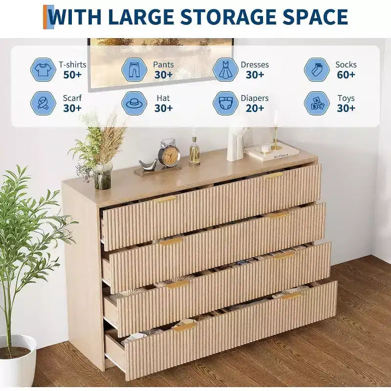 Commode cannelée à 9 tiroirs avec poignées métalliques, organisateur de rangement moderne pour chambre à coucher, salon, entrée, meuble TV multifonctionnel, blanc