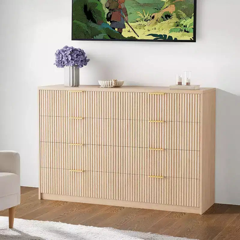 Commode cannelée à 9 tiroirs avec poignées métalliques, organisateur de rangement moderne pour chambre à coucher, salon, entrée, meuble TV multifonctionnel, blanc