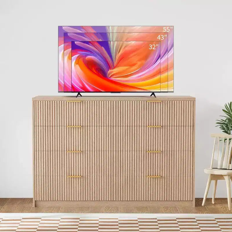 Commode cannelée à 9 tiroirs avec poignées métalliques, organisateur de rangement moderne pour chambre à coucher, salon, entrée, meuble TV multifonctionnel, blanc