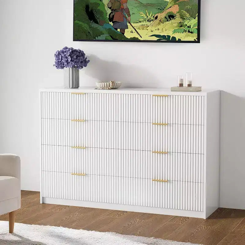 Commode cannelée à 9 tiroirs avec poignées métalliques, organisateur de rangement moderne pour chambre à coucher, salon, entrée, meuble TV multifonctionnel, blanc