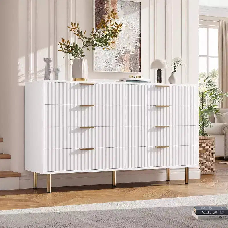 Zebra Pattern 8-Drawer Cabinet, White, Extra-Large Storage Space, Universal Clutter Storage Chest for Whole House
