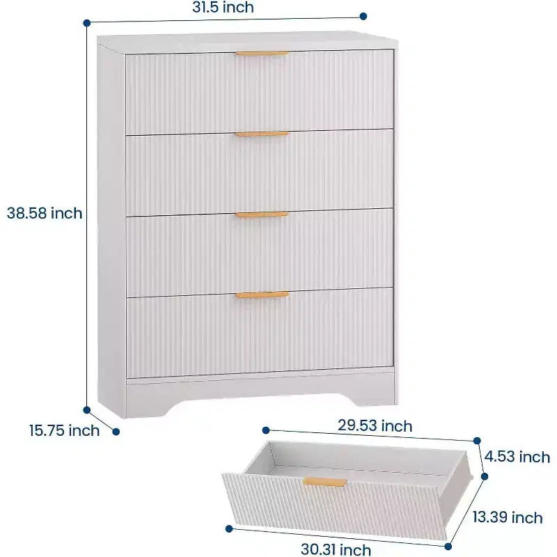 Commode 4 tiroirs White Wave 55, armoire de rangement haute avec finition ton bois, organiseur multifonctionnel pour chambre d'enfant, couloir, salon
