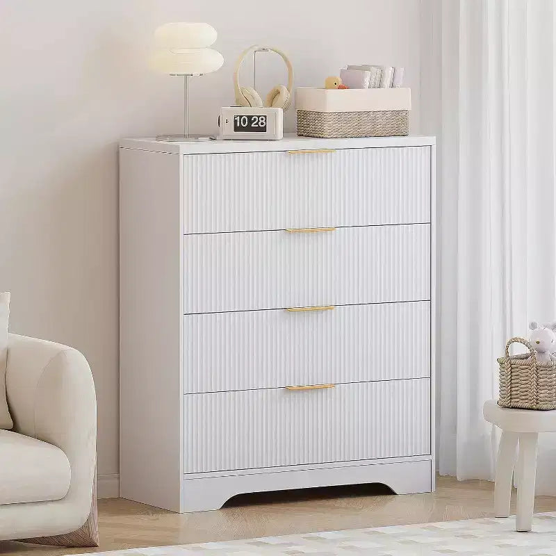 Commode 4 tiroirs White Wave 55, armoire de rangement haute avec finition ton bois, organiseur multifonctionnel pour chambre d'enfant, couloir, salon