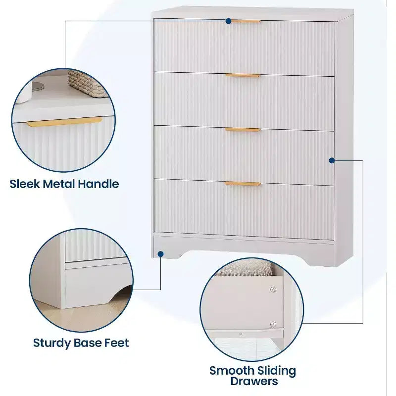 Commode 4 tiroirs White Wave 55, armoire de rangement haute avec finition ton bois, organiseur multifonctionnel pour chambre d'enfant, couloir, salon