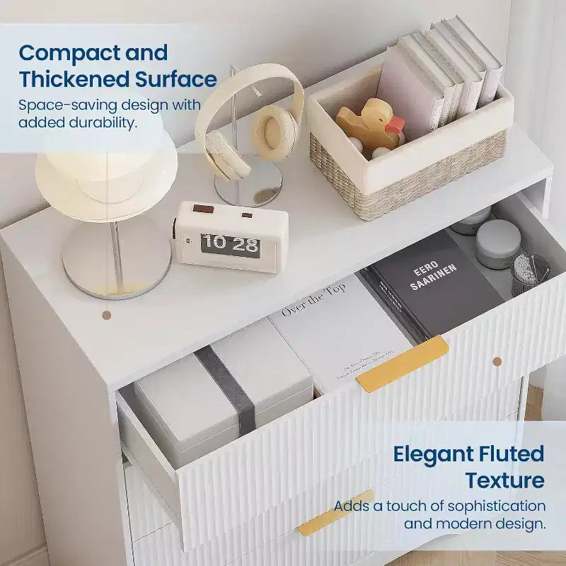 Commode 4 tiroirs White Wave 55, armoire de rangement haute avec finition ton bois, organiseur multifonctionnel pour chambre d'enfant, couloir, salon