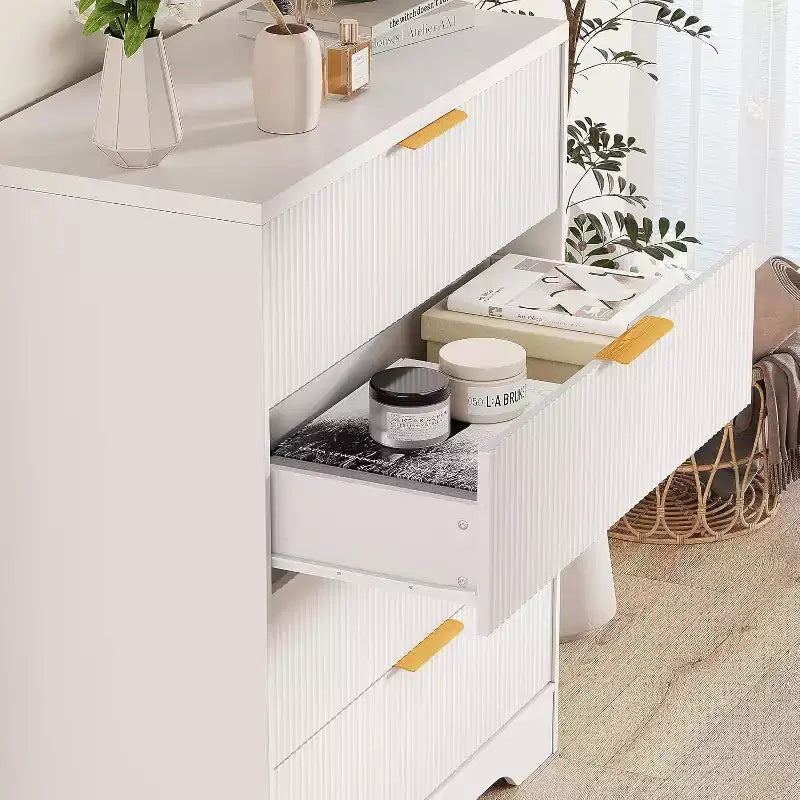 Commode 4 tiroirs White Wave 55, armoire de rangement haute avec finition ton bois, organiseur multifonctionnel pour chambre d'enfant, couloir, salon