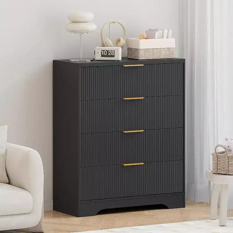 Commode 4 tiroirs White Wave 55, armoire de rangement haute avec finition ton bois, organiseur multifonctionnel pour chambre d'enfant, couloir, salon