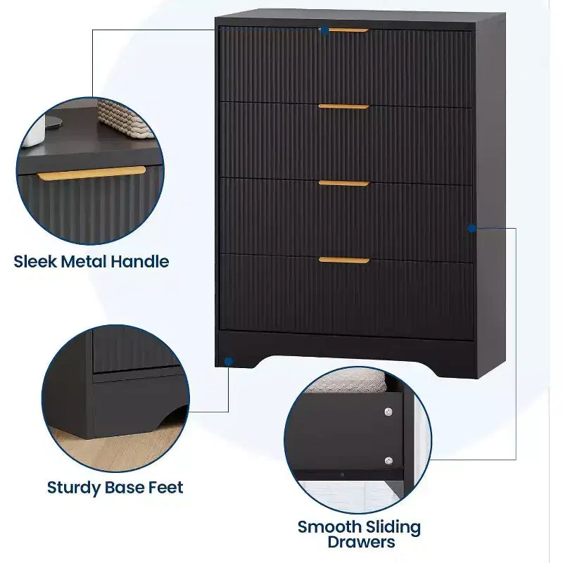 Commode 4 tiroirs White Wave 55, armoire de rangement haute avec finition ton bois, organiseur multifonctionnel pour chambre d'enfant, couloir, salon