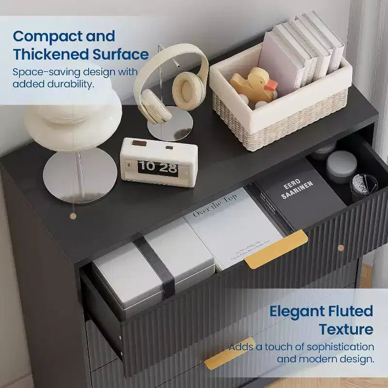 Commode 4 tiroirs White Wave 55, armoire de rangement haute avec finition ton bois, organiseur multifonctionnel pour chambre d'enfant, couloir, salon