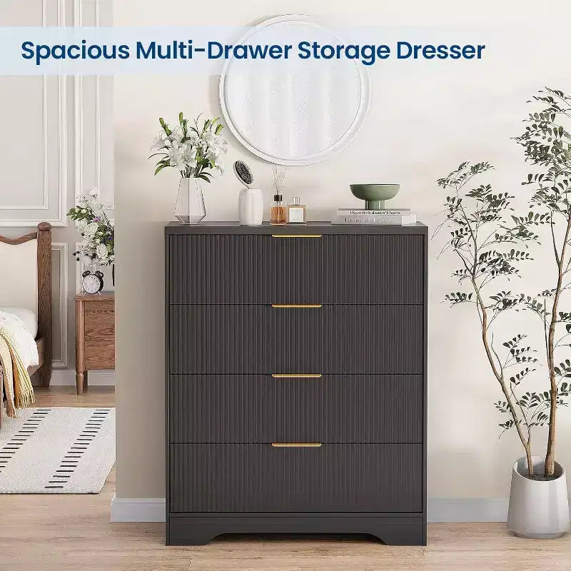 Commode 4 tiroirs White Wave 55, armoire de rangement haute avec finition ton bois, organiseur multifonctionnel pour chambre d'enfant, couloir, salon