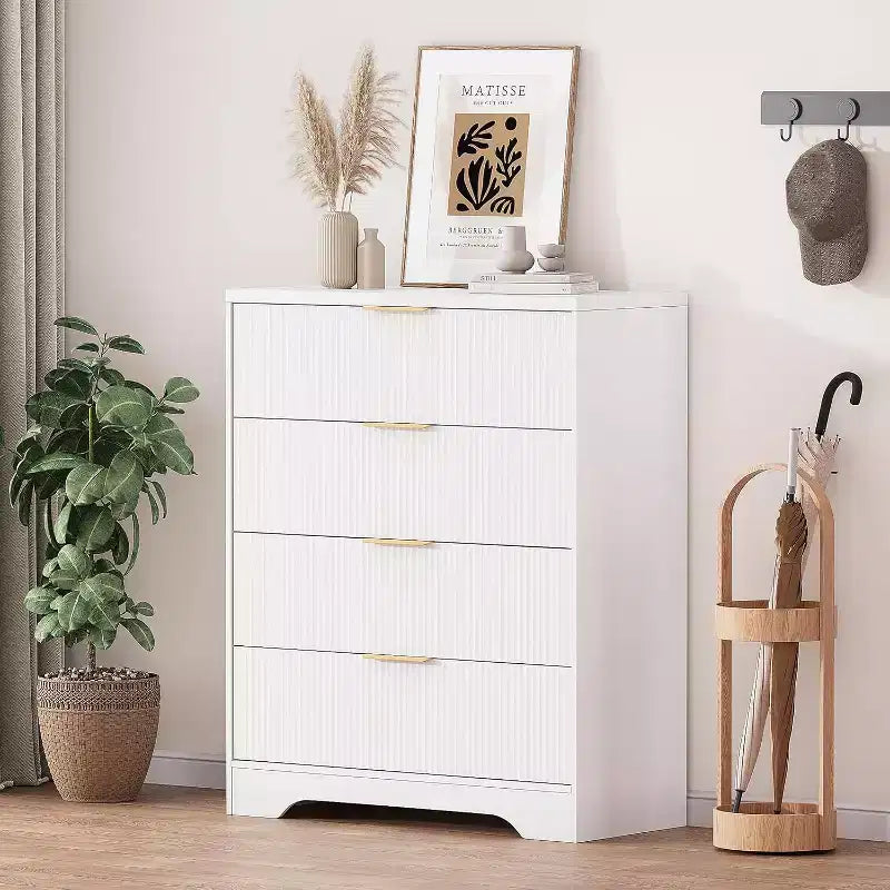 Commode 4 tiroirs White Wave 55, armoire de rangement haute avec finition ton bois, organiseur multifonctionnel pour chambre d'enfant, couloir, salon