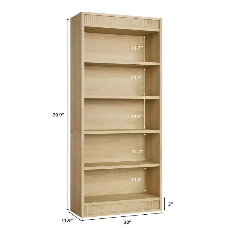 Bibliothèque de ferme 71 avec double design cannelé, étagère haute à 5 niveaux avec base en bois, étagère en bois
