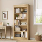 Bibliothèque de ferme 71 avec double design cannelé, étagère haute à 5 niveaux avec base en bois, étagère en bois