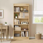 Bibliothèque de ferme 71 avec double design cannelé, étagère haute à 5 niveaux avec base en bois, étagère en bois