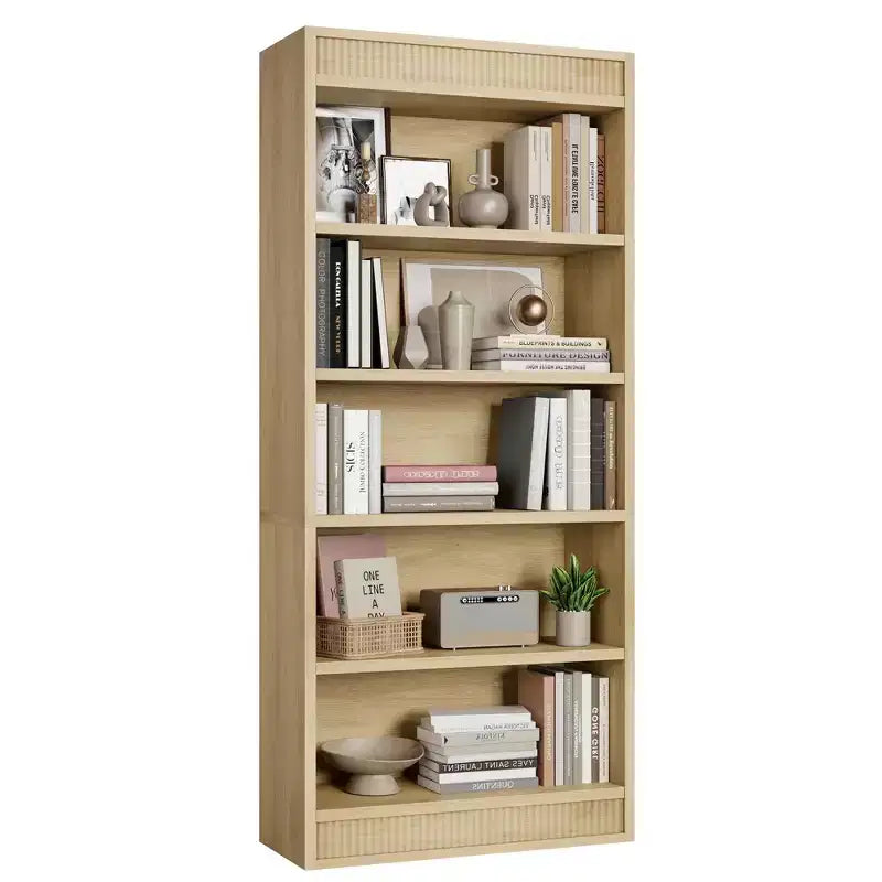 Bibliothèque de ferme 71 avec double design cannelé, étagère haute à 5 niveaux avec base en bois, étagère en bois