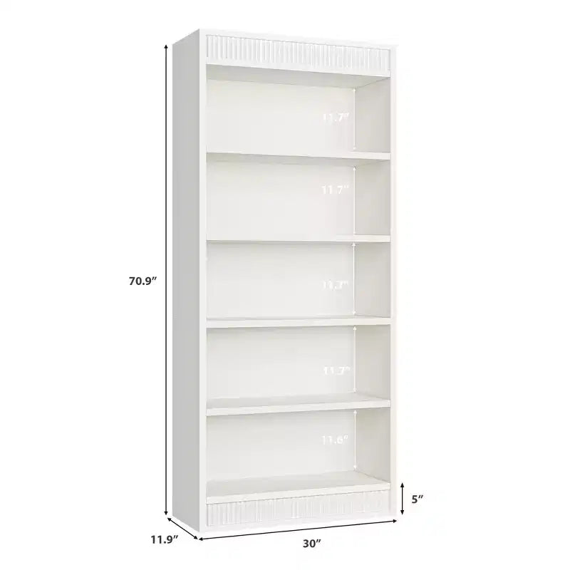 Bibliothèque de ferme 71 avec double design cannelé, étagère haute à 5 niveaux avec base en bois, étagère en bois