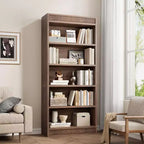 Bibliothèque de ferme 71 avec double design cannelé, étagère haute à 5 niveaux avec base en bois, étagère en bois