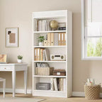 Bibliothèque de ferme 71 avec double design cannelé, étagère haute à 5 niveaux avec base en bois, étagère en bois