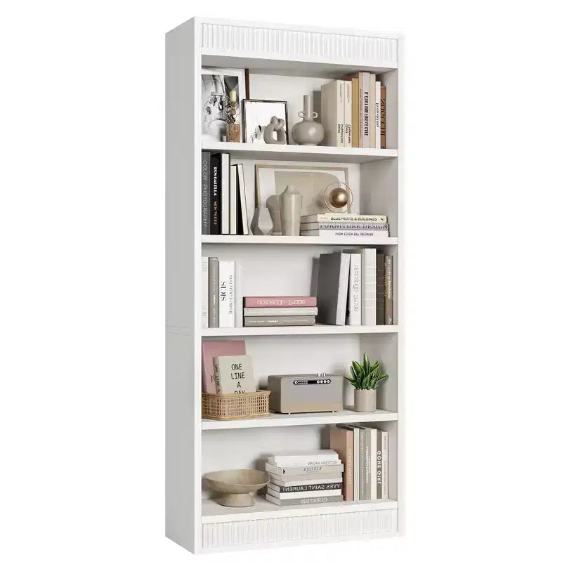 Bibliothèque de ferme 71 avec double design cannelé, étagère haute à 5 niveaux avec base en bois, étagère en bois