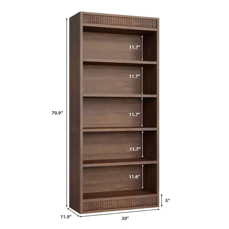 Bibliothèque de ferme 71 avec double design cannelé, étagère haute à 5 niveaux avec base en bois, étagère en bois