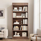 Bibliothèque de ferme 71 avec double design cannelé, étagère haute à 5 niveaux avec base en bois, étagère en bois