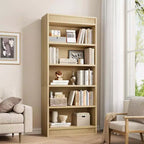 Bibliothèque de ferme 71 avec double design cannelé, étagère haute à 5 niveaux avec base en bois, étagère en bois