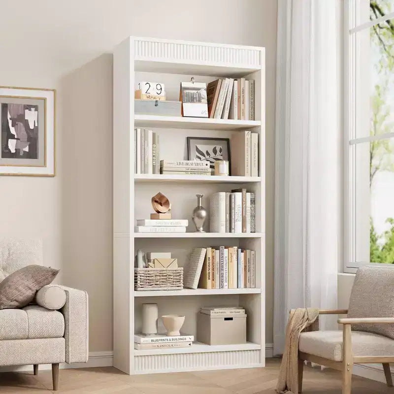 Bibliothèque de ferme 71 avec double design cannelé, étagère haute à 5 niveaux avec base en bois, étagère en bois