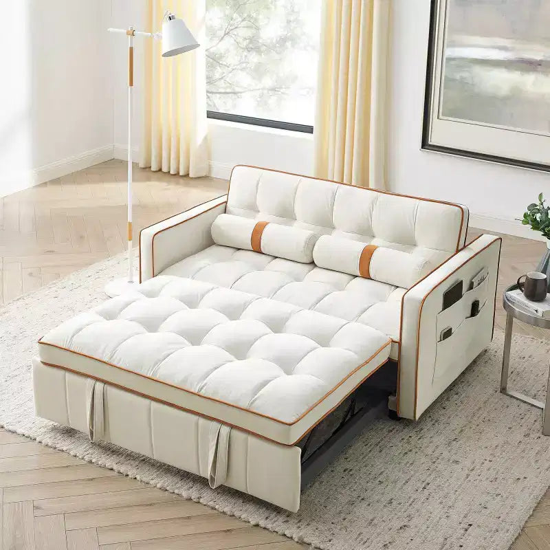 55.5 Inch Pull Out Sofa Bed, Velvet Love Seat Couch, Modern Love Seat Futon With Side Pockets Pull Out Sleep Sofa Bed