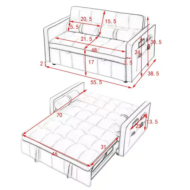 Canapé convertible de 55,5 pouces, causeuse en velours, futon causeuse moderne avec poches latérales et lit gigogne