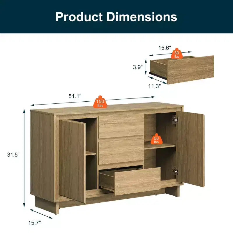 Heynemo Armoire de rangement moderne avec 2 portes, 3 tiroirs et bords encadrés