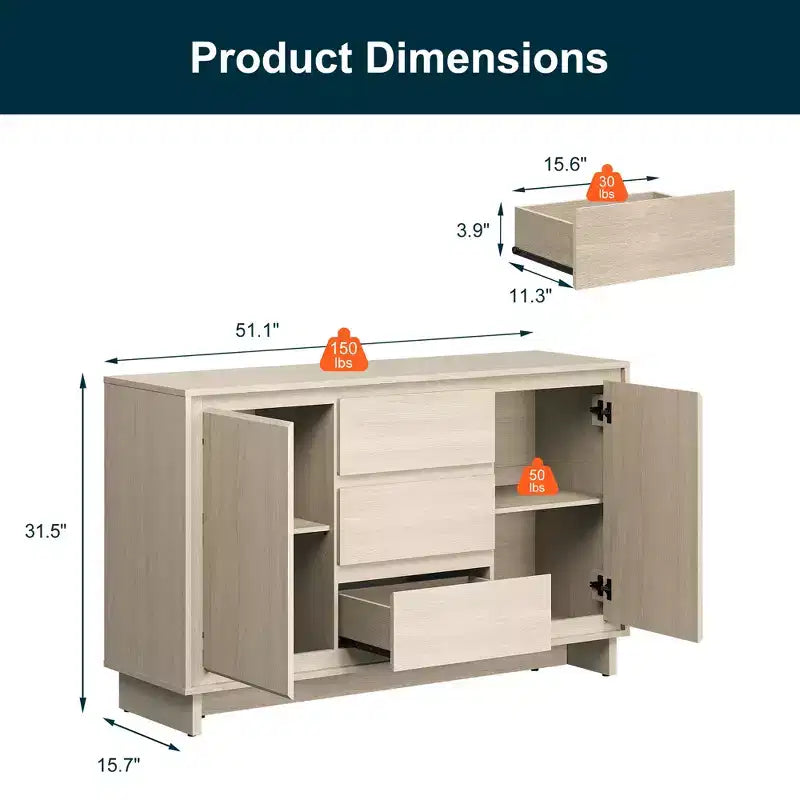 Heynemo Armoire de rangement moderne avec 2 portes, 3 tiroirs et bords encadrés